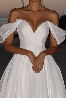 Ivory Taffeta Off the Shoulder A Line Long Wedding Dress