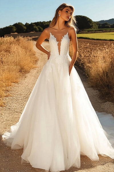 Ivory V-Neck Tulle A Line Wedding Dress with Lace Appliques