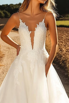 Ivory V-Neck Tulle A Line Wedding Dress with Lace Appliques