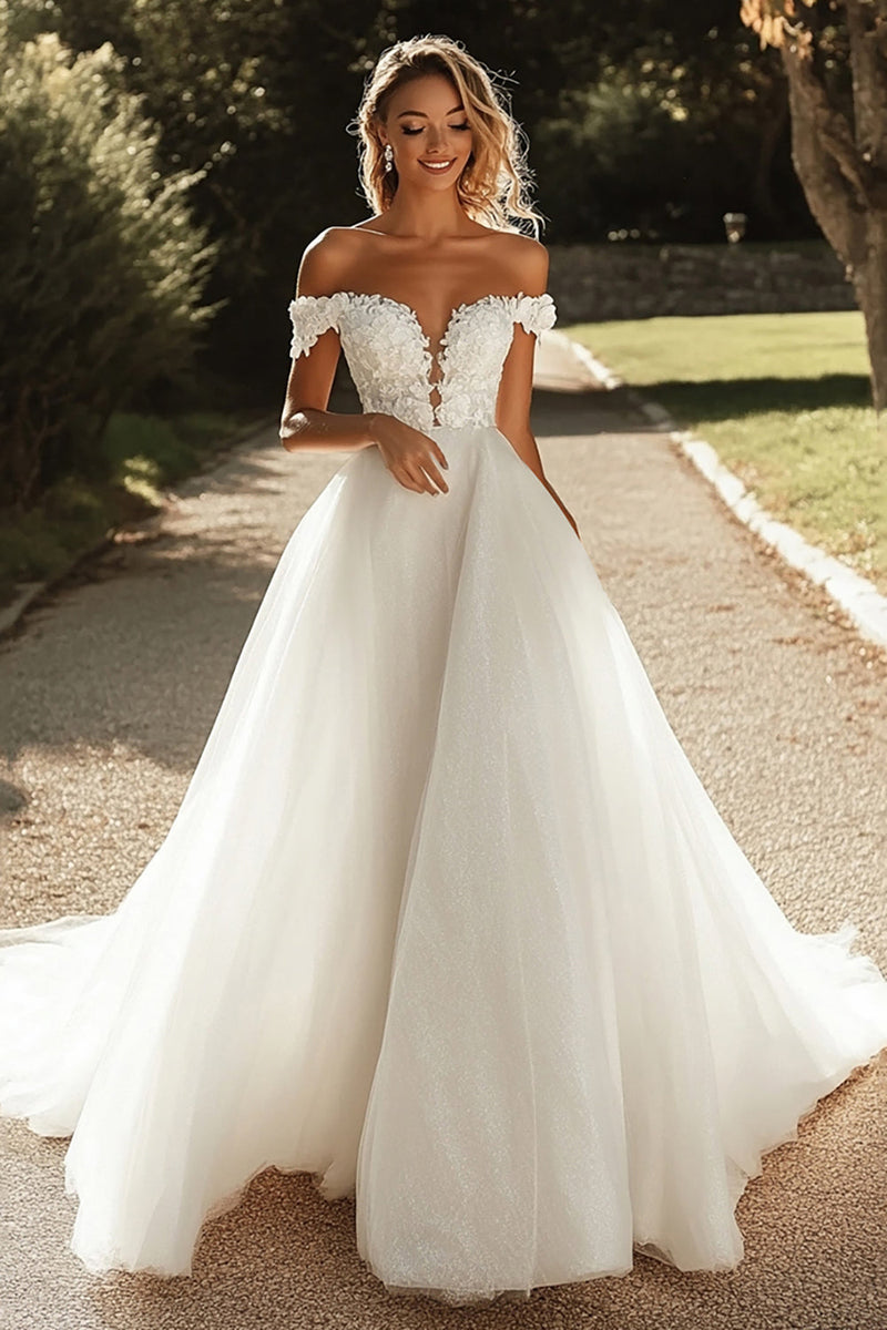 Load image into Gallery viewer, Ivory A Line Tulle Off the Shoulder Wedding Dress with Lace Appliques