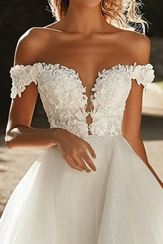 Ivory A Line Tulle Off the Shoulder Wedding Dress with Lace Appliques