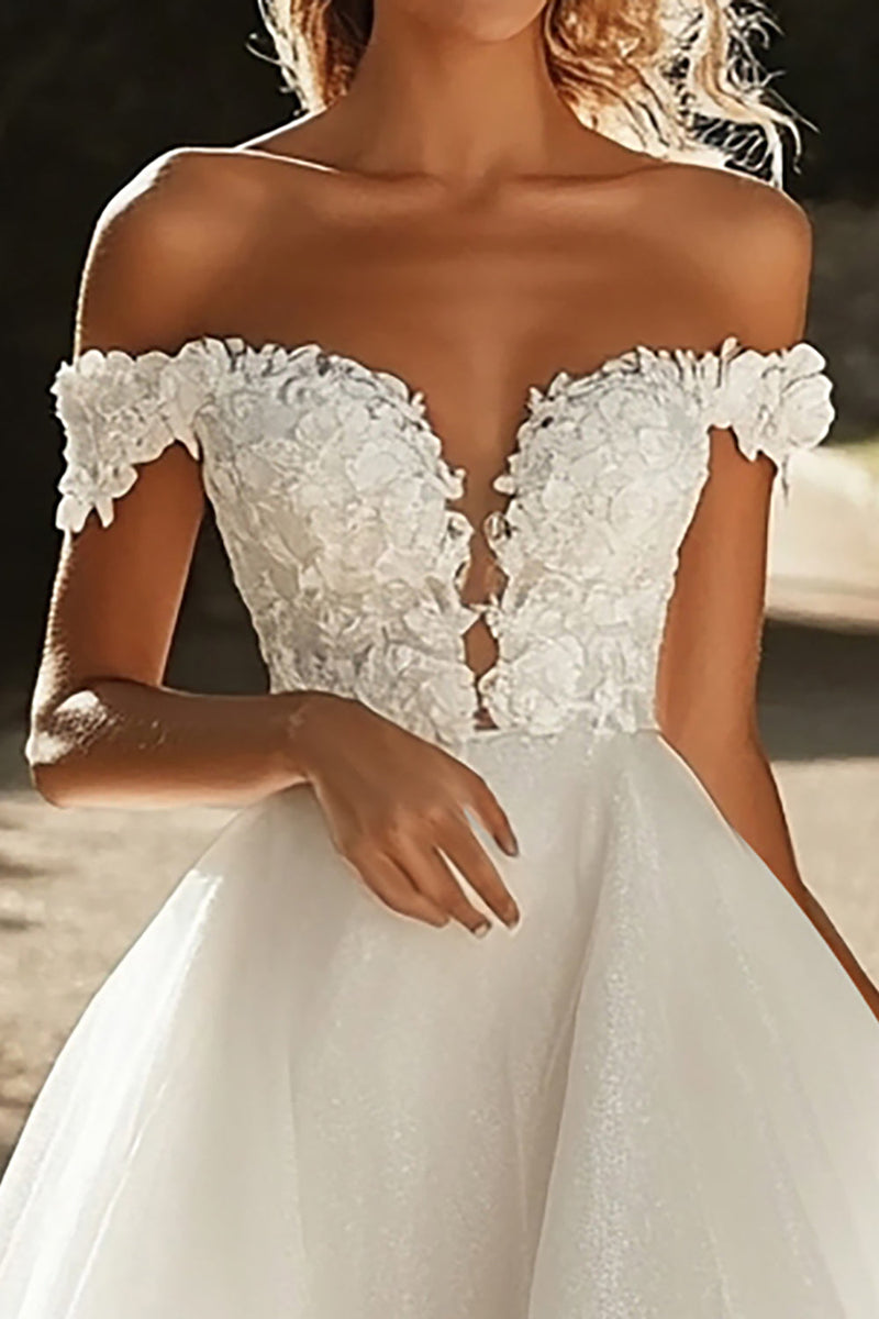 Load image into Gallery viewer, Ivory A Line Tulle Off the Shoulder Wedding Dress with Lace Appliques