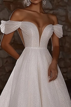 Ivory Glitter A Line Off the Shoulder Sweep Train Wedding Dress