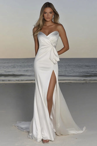 Sweetheart Sheath Ivory Satin Ruched Wedding Dress with Slit