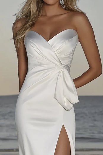 Sweetheart Sheath Ivory Satin Ruched Wedding Dress with Slit