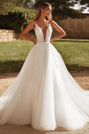 Ivory V Neck Ball Gown Appliques Tulle Wedding Dress