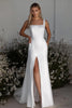 Load image into Gallery viewer, Column Square Neck Satin Ivory Sweep Train Wedding Dress with Slit