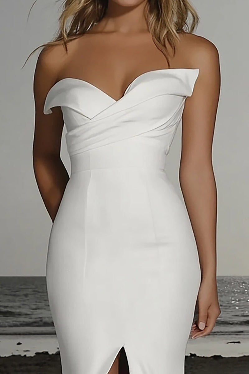 Load image into Gallery viewer, Satin Off the Shoulder Ivory Mermaid Wedding Dress with Slit