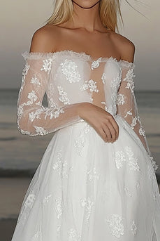 Princess Off the Shoulder Tulle Ivory A Line Long Sleeves Wedding Dress with Appliques