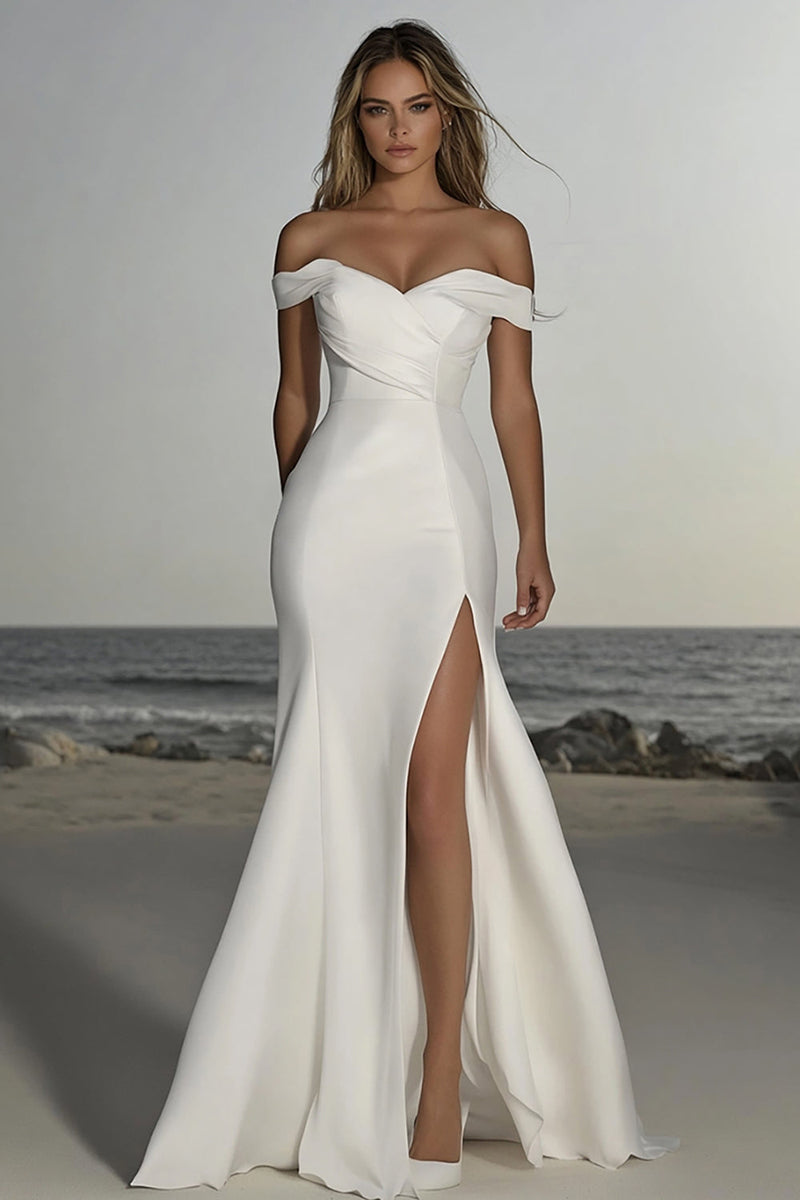 Load image into Gallery viewer, Elegant Ivory Off the Shoulder Satin Wedding Dress with Slit