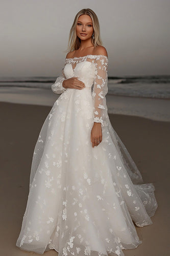 Ivory Off the Shoulder Lace Embroideried Wedding Dress with Long Sleeves