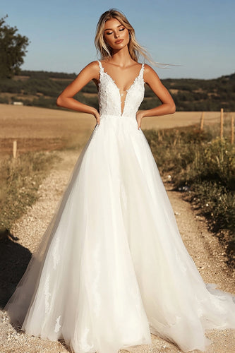 Ivory V Neck A Line Tulle Long Wedding Dress with Appliques