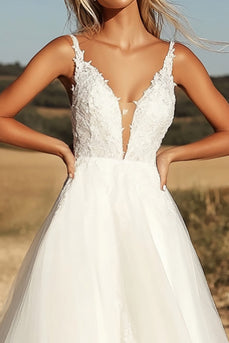 Ivory V Neck A Line Tulle Long Wedding Dress with Appliques