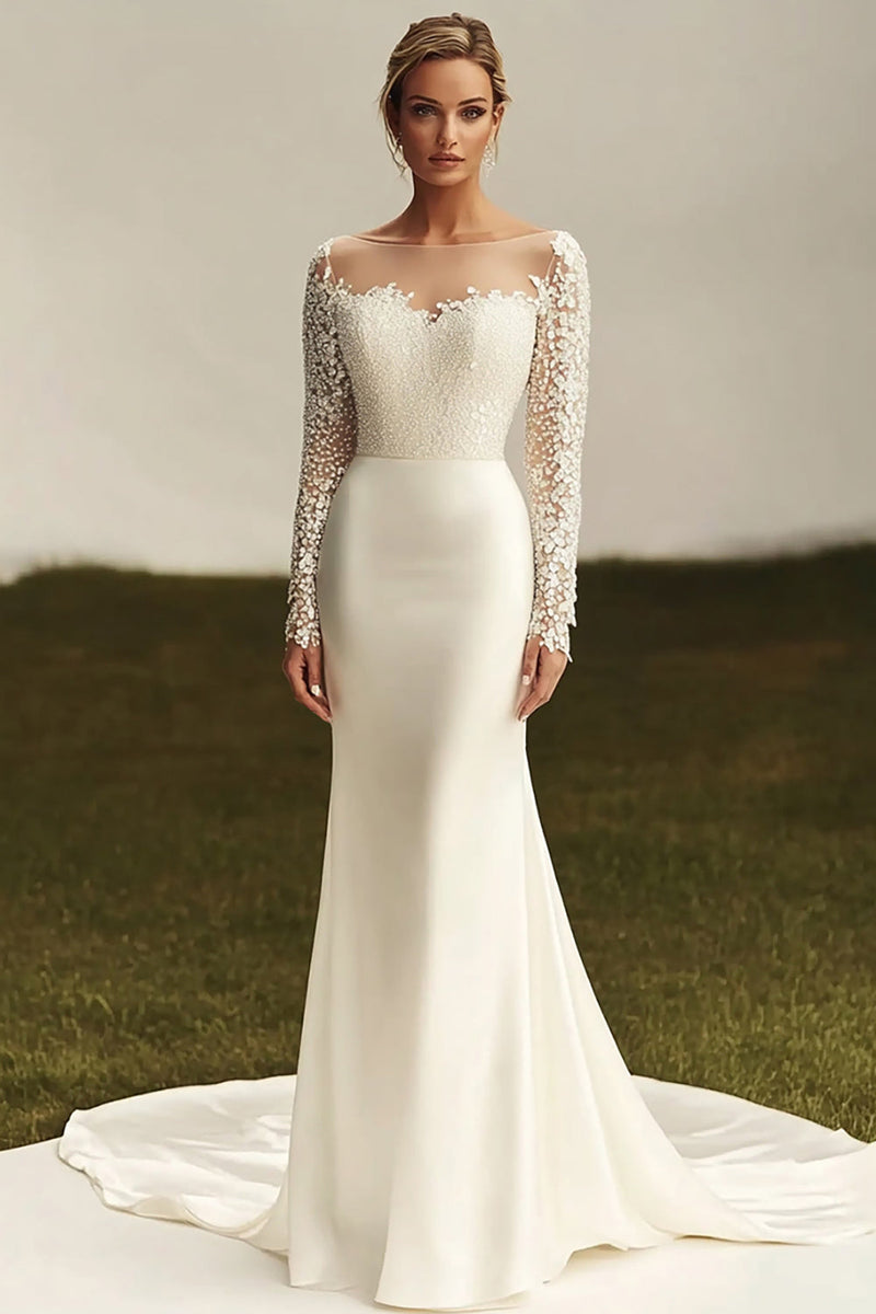 Load image into Gallery viewer, Ivory Satin Illusion Neck Sweep Train Long Sleeves Wedding Dress