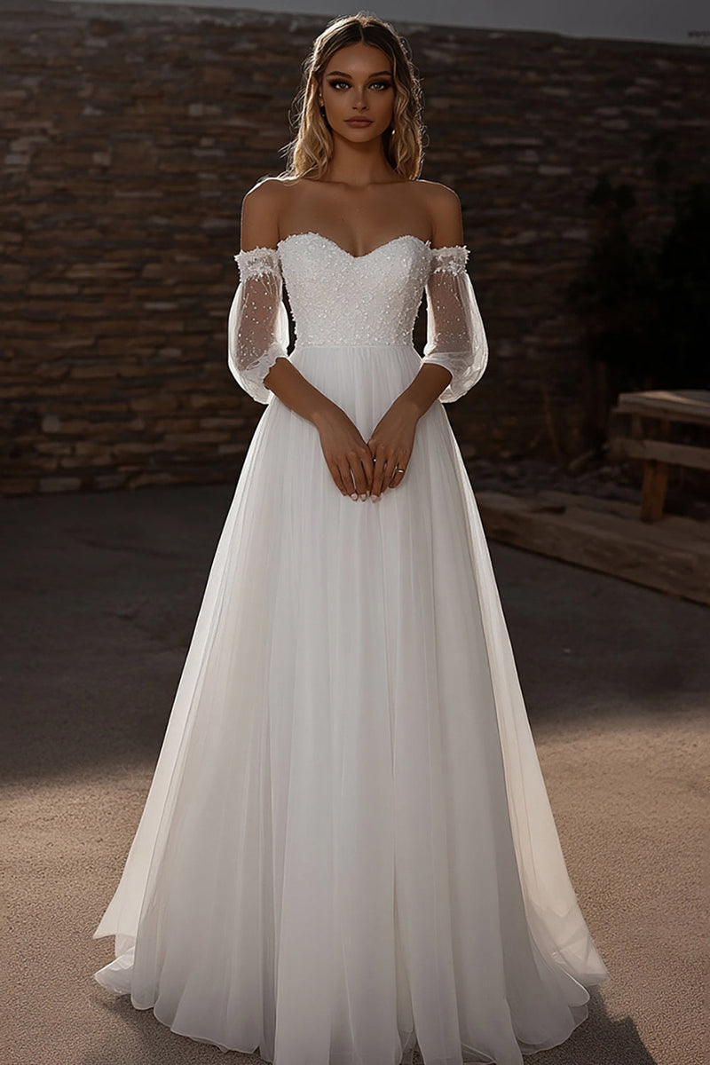 Load image into Gallery viewer, Ivory Sweetheart A Line Tulle Wedding Dress with Lace