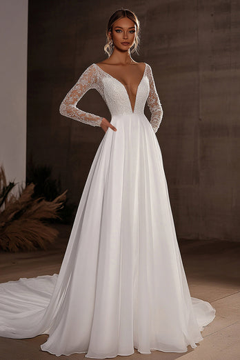 Deep V Neck Ivory A Line Long Sleeves Wedding Dress with Lace Appliques