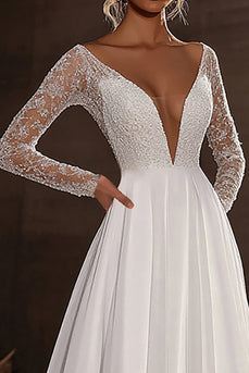 Deep V Neck Ivory A Line Long Sleeves Wedding Dress with Lace Appliques