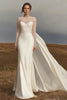 Load image into Gallery viewer, Ivory Satin Sheath Floor Length Illusion Neck Wedding Dress with Watteau Train