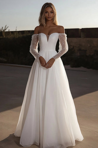 Off the Shoulder Ivory A Line Wedding Dress with Long Sleeves