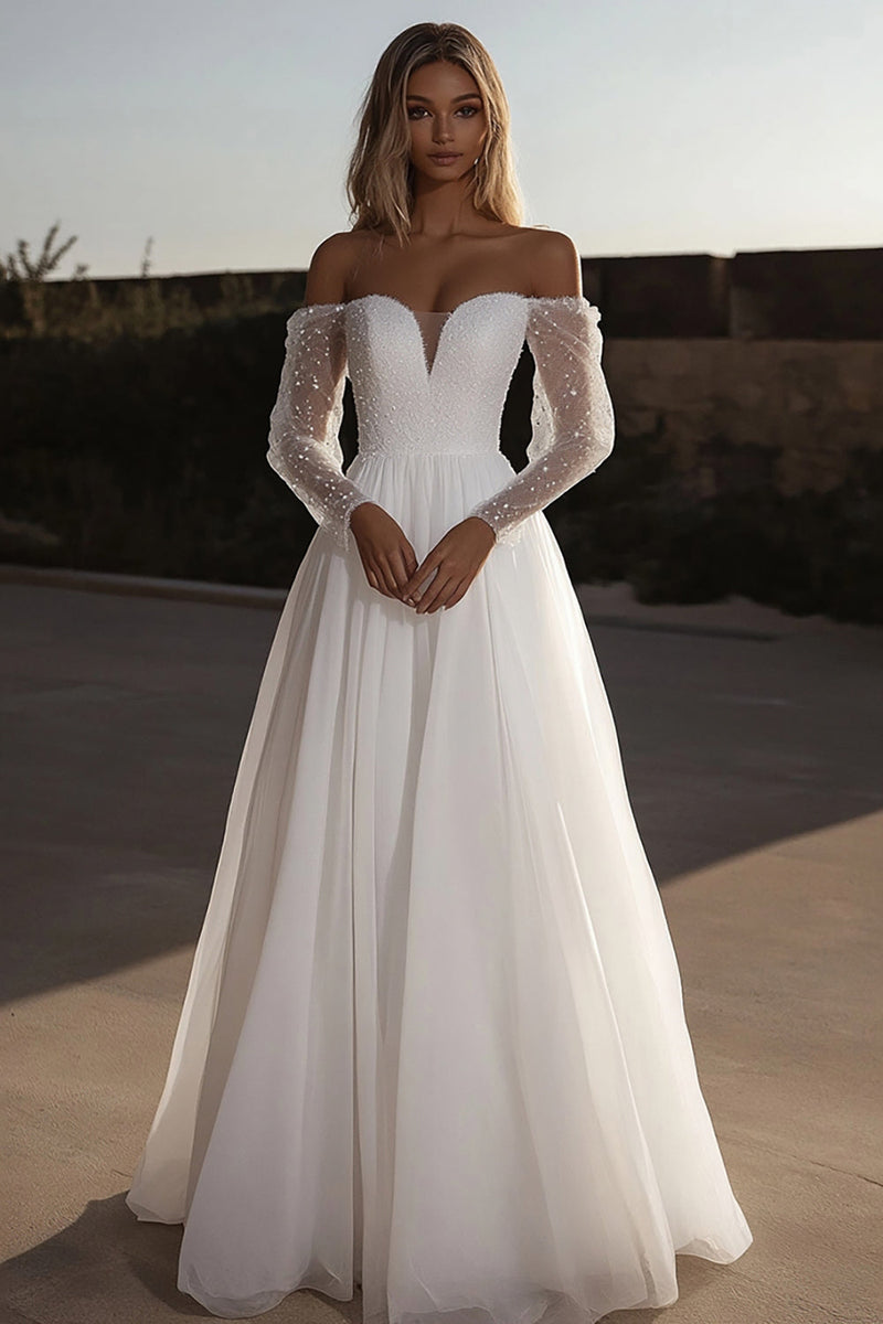 Load image into Gallery viewer, Off the Shoulder Ivory A Line Wedding Dress with Long Sleeves