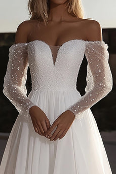 Off the Shoulder Ivory A Line Wedding Dress with Long Sleeves