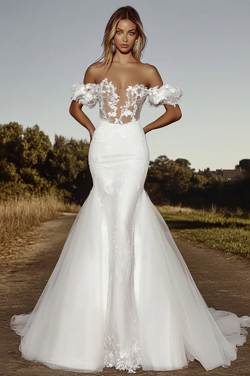 Load image into Gallery viewer, Ivory Off the Shoulder Mermaid Tulle Appliques Wedding Dress