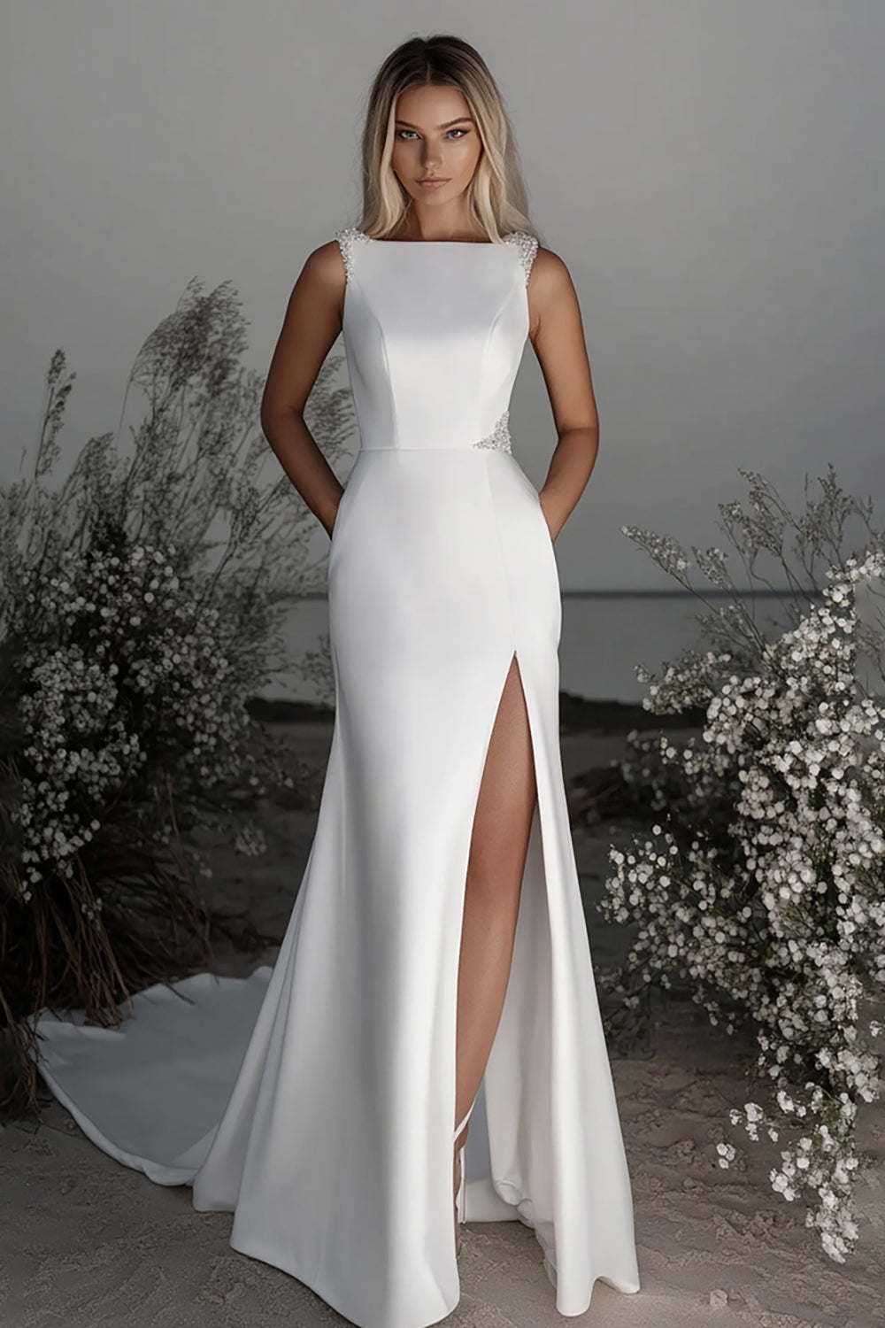 Ivory Satin Boat Neck Sheath Sweep Train Wedding Dress with Slit