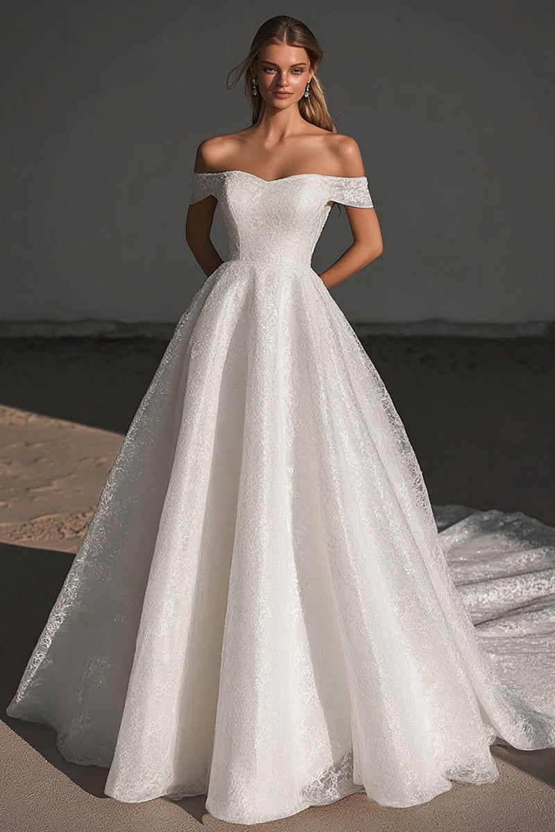 Load image into Gallery viewer, Ball Gown Ivory Off the Shoulder Lace Tulle Sweep Train Wedding Dress