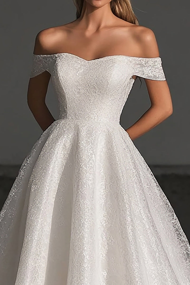 Load image into Gallery viewer, Ball Gown Ivory Off the Shoulder Lace Tulle Sweep Train Wedding Dress