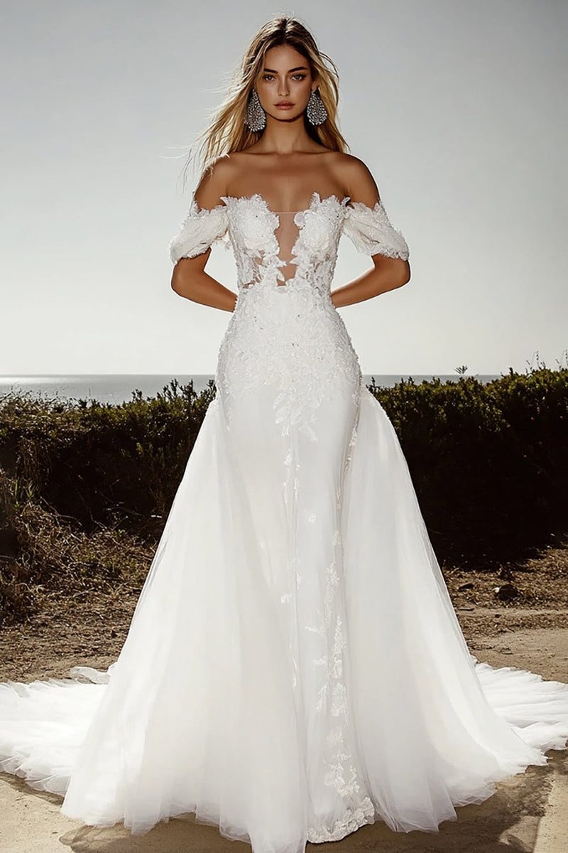 Load image into Gallery viewer, Appliques Ivory Off the Shoulder Tulle Sweep Train Wedding Dress