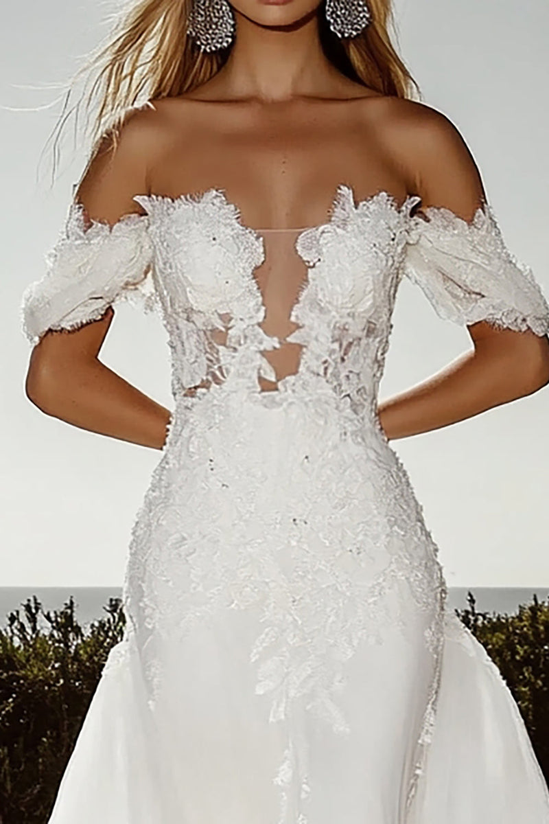 Load image into Gallery viewer, Appliques Ivory Off the Shoulder Tulle Sweep Train Wedding Dress