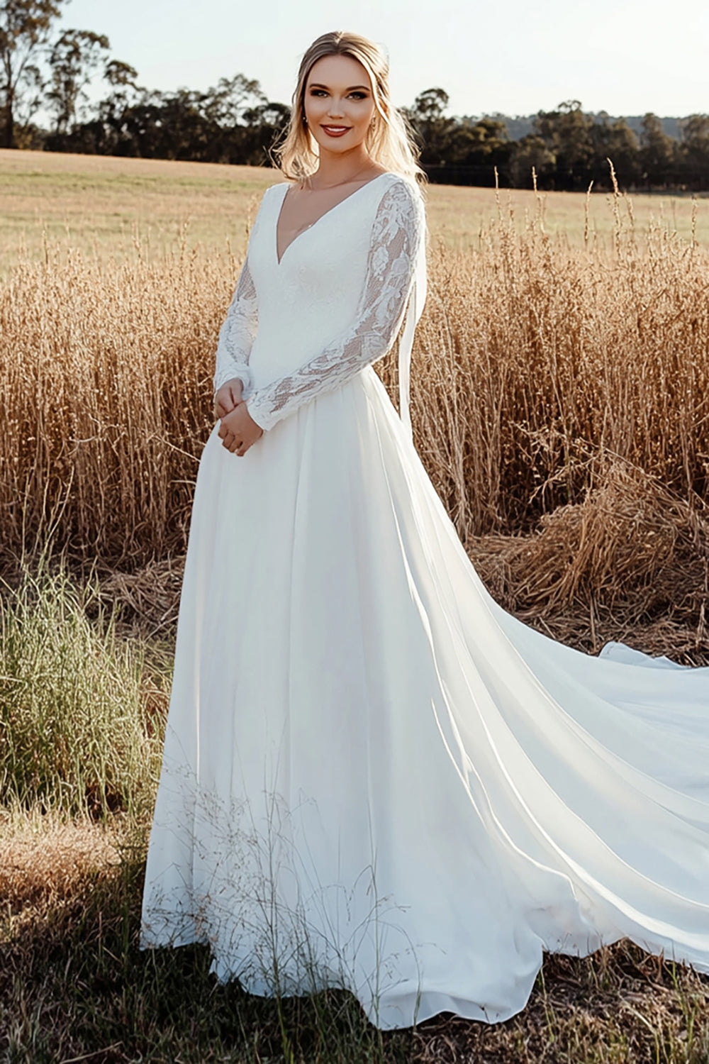 Ivory V-Neck A Line Long Sleeves Sweep Train Wedding Dress with Lace