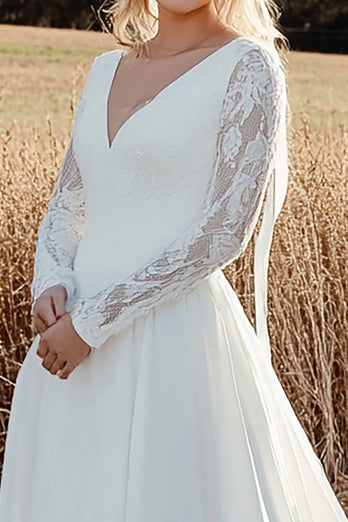 Ivory V-Neck A Line Long Sleeves Sweep Train Wedding Dress with Lace