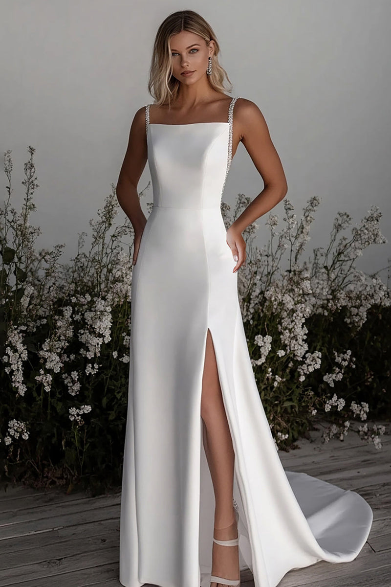 Load image into Gallery viewer, Simple Sheath Ivory Square Neck Satin Wedding Dress with Slit