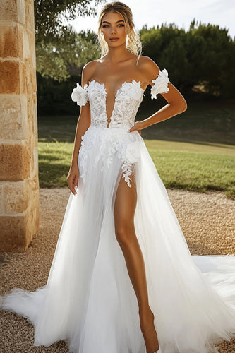 Ivory Appliques Sweetheart A Line Tulle Wedding Dress with Slit