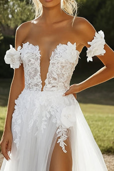 Ivory Appliques Sweetheart A Line Tulle Wedding Dress with Slit