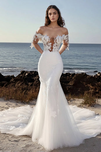 Gorgeous Ivory Appliques Mermaid Sweep Train Wedding Dress