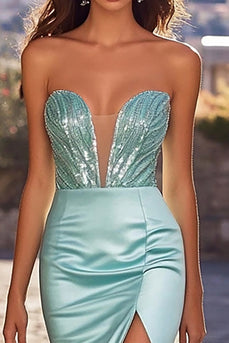 Sparkly Blue Corset Strapless Satin Long Prom Dress with Slit