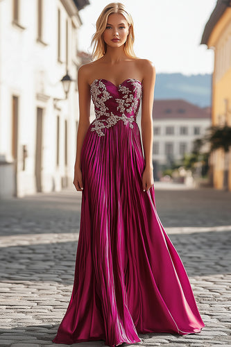 Metallic Fuchsia Sweetheart Pleated Prom Dress with Embroidery