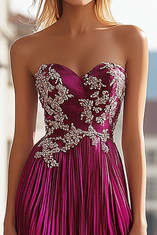 Metallic Fuchsia Sweetheart Pleated Prom Dress with Embroidery