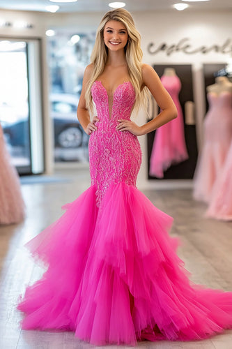 Mermaid Fuchsia Sparkly Corset Tiered Long Prom Dress