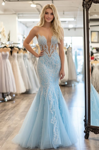 Sparkly Sky Blue Corset Mermaid Long Prom Dress