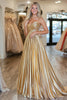 Load image into Gallery viewer, Gold Pleated Metallic Strapless A Line Long Prom Dress