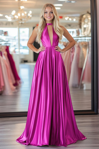 Fuchsia A Line Halter Pleated Floor Length Prom Dress