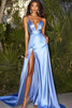 Load image into Gallery viewer, Blue Satin A Line Deep V-Neck Prom Dress with Slit