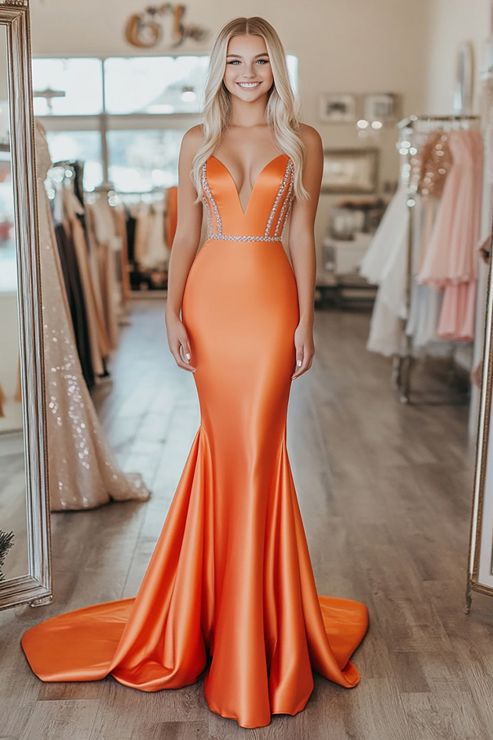 Orange Mermaid Satin Strapless Prom Dress with Beading