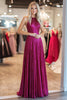 Load image into Gallery viewer, Metallic Fuchsia Halter Corset A Line Long Prom Dress