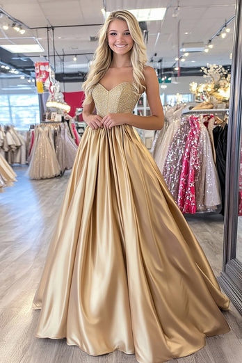 Sparkly Gold Ball Gown Corset Satin Prom Dress with Beading