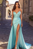 Load image into Gallery viewer, Blue Sheath Beaded Satin Long Prom Dress with Slit