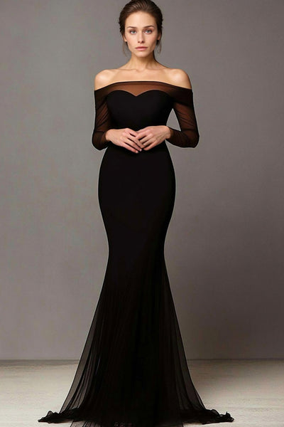 Elegant Black Mermaid Off the Shoulder Prom Dress with Sleeves